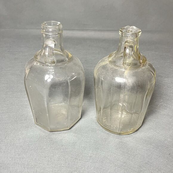 LOT 2 Vintage Glass Jugs Syrup Bottle w/Pour Spout & Handle-Paneled Glass-UV - Picture 5 of 15